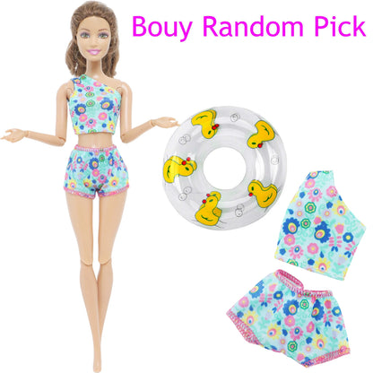 1x Doll Swimwear Beach Bathing Clothes Lovely Bikini Swimsuit + Random 1x Swimming Buoy Lifebelt Ring for Barbie Doll Baby Toys