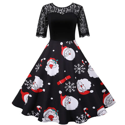 Lace Christmas Dress Women New Short Sleeve Print High Waist Elegant Vintage Winter Xmas Party Sundress 3XL Robe