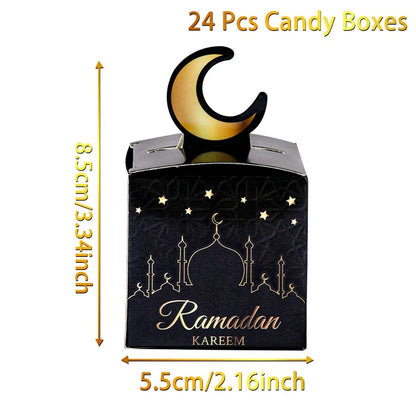 24Pcs Eid Mubarak Candy Gift Box Eid Black White Packaging Box Ramadan Decoration 2024 Islam Muslims Festive Party Supplies
