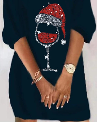 Christmas Wine Glass Print Womens Dresses 2023 Spring Fashion Casual V-Neck Half Sleeve Daily Mini Straight Dress Woman Clothing