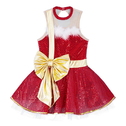Children Girls Christmas Dance Dress Sleeveless Shiny Sequins Mesh Tutu Dancewear Ballet Dance Figure Skating Leotards Dresses