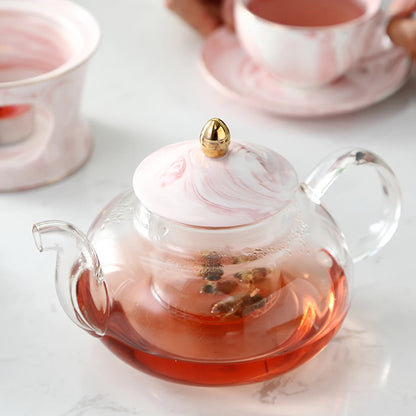 MUZITY Glass Teapot With Ceramic Base Creative Marble Design Tea Pot Tool Kettle Set With Strainer and Candle