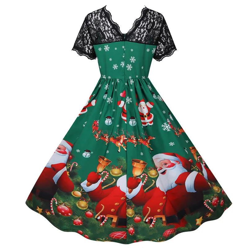 Lace Christmas Dress Women New Short Sleeve Print High Waist Elegant Vintage Winter Xmas Party Sundress 3XL Robe