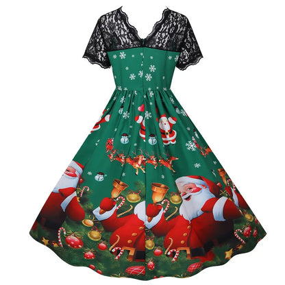 Lace Christmas Dress Women New Short Sleeve Print High Waist Elegant Vintage Winter Xmas Party Sundress 3XL Robe