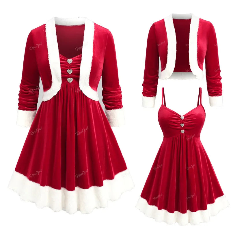ROSEGAL Plus Size Christmas Dresses Red Ruched Heart Buttons Patchwork Cami Dress and Velvet Top 2023 Women Dress Tee Two Pieces