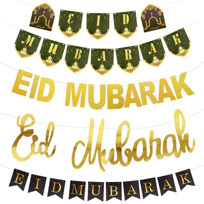 EID Mubarak Banner Glitter Star Moon Letter Paper Bunting Garland Islamic Muslim Party Ramadan Kareem Decorations for Home 2024