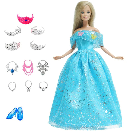 14 Pcs / Lot = 1x Fairy Tale Doll Dress + 13x Random Accessories Shoes Handbag Glasses Clothes for Barbie Doll Girl Baby Toys