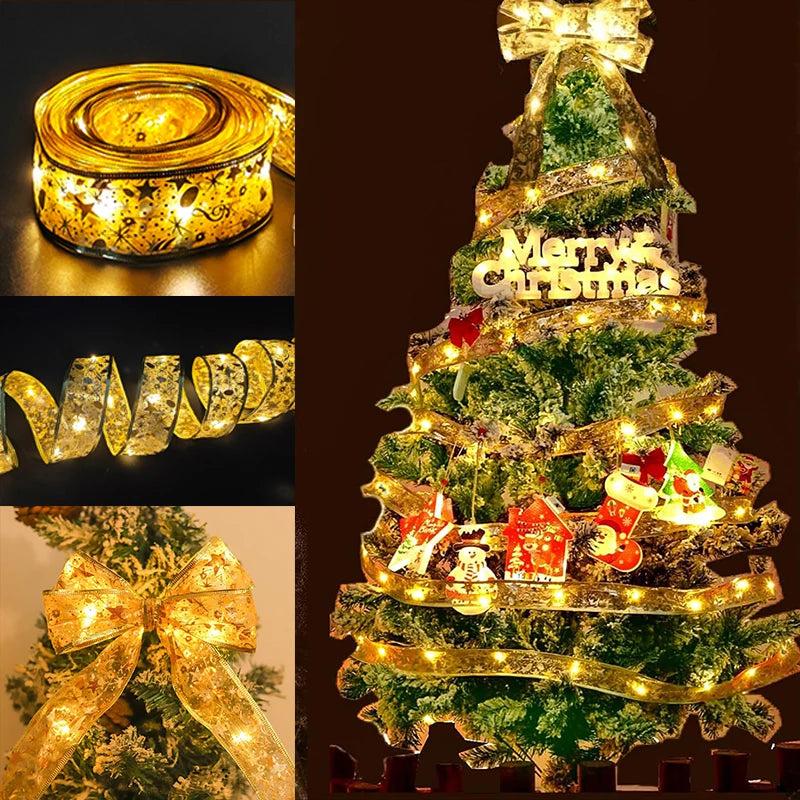 1-10m Christmas Luminous Lights Decoration Golden Christmas Ribbon Fairy String Lights for Home Party Christmas Supplies Decor