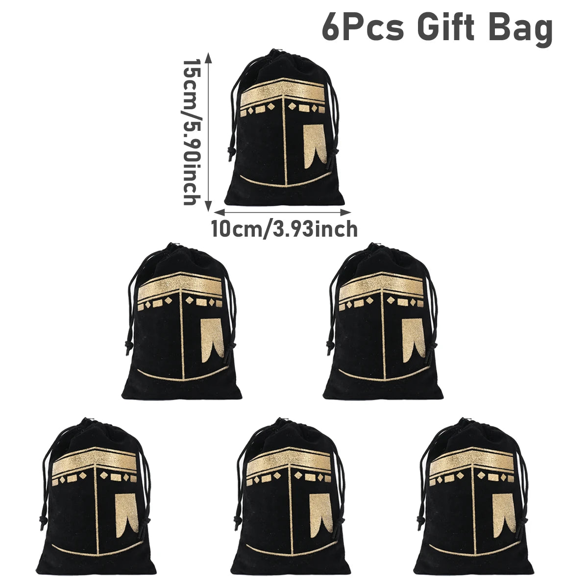 6pcs Eid Mubarak Bags Black Velvet Gift Kareem Ramadan Candy Bags Muslim Islamic Home Family Party Decorations Eid Al-Fitr 2024