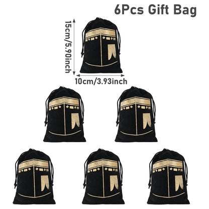 6pcs Eid Mubarak Bags Black Velvet Gift Kareem Ramadan Candy Bags Muslim Islamic Home Family Party Decorations Eid Al-Fitr 2024