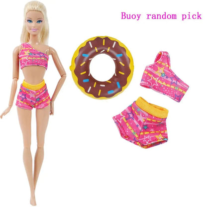 1x Doll Swimwear Beach Bathing Clothes Lovely Bikini Swimsuit + Random 1x Swimming Buoy Lifebelt Ring for Barbie Doll Baby Toys