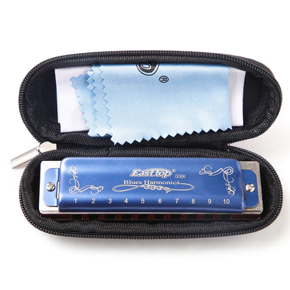 East Top Diatonic Harmonica 10 Holes Blues Harmonica Blue T008K With Case Professional Harmonica for Beginner Students Adults