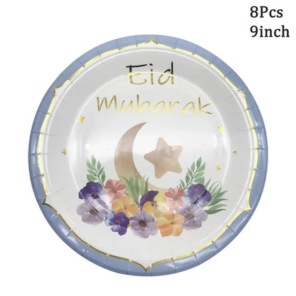 Eid Mubarak Black Gold Disposable Paper Plates Cups Napkins Ramadan Kareem Islamic Muslim Eid Al Adha Party Decor Supplies