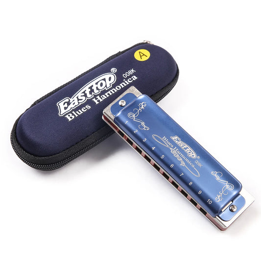 East Top Diatonic Harmonica 10 Holes Blues Harmonica Blue T008K With Case Professional Harmonica for Beginner Students Adults