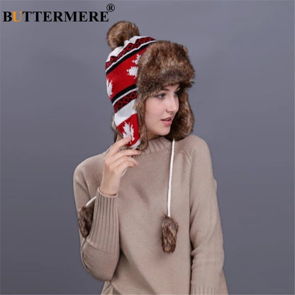 BUTTERMERE Red Russian Ushanka Hat Female Winter Warm Earflaps Fur Bomber Hats Caps Women Maple Leaf Christmas Beanies Pompom