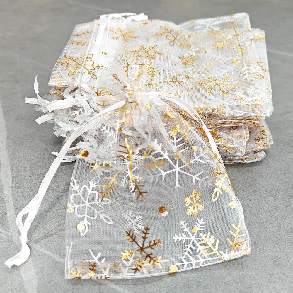 25/50/100pcs Hot Printing Organza Gift Bag for Jewelry Snowflake Drawstring Pouches for Wedding Christmas Party Candy Packing