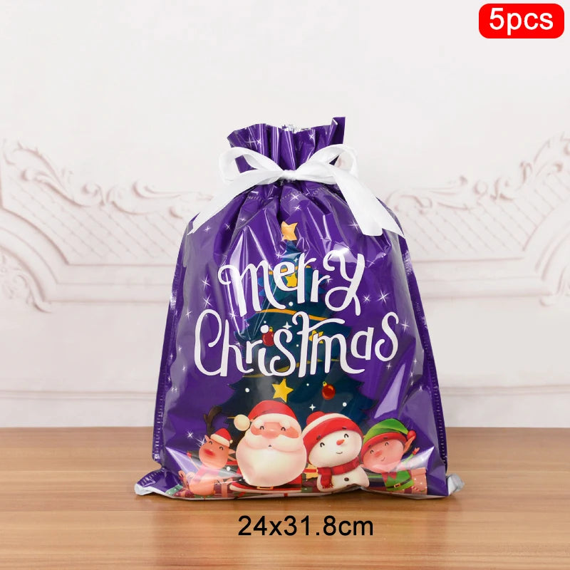 3/5Pcs Merry Christmas Drawstring Gift Bag New Year 2025 Large Candy Cookie Packaging Bag 2024 Navidad Christmas Home Decoration