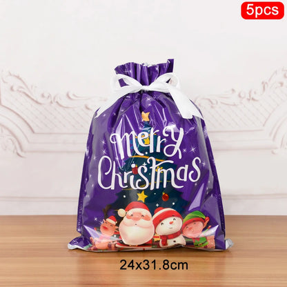 3/5Pcs Merry Christmas Drawstring Gift Bag New Year 2025 Large Candy Cookie Packaging Bag 2024 Navidad Christmas Home Decoration