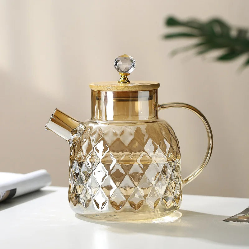 YWDL 1/1.5/1.8l Glass Teapot With Bamboo Lid Amber Color Diamond Cold Kettle Heat-Resisting Pot for Loose Leaf Fruit Scented Tea