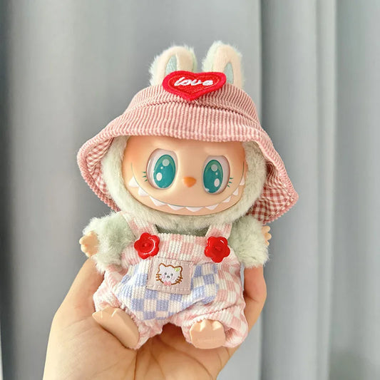 17cm Mini Plush Doll'S Clothes Outfit Accessories for Korea Kpop Exo Labubu II Idol Dolls Sitting Party Plaid Overalls Clothing