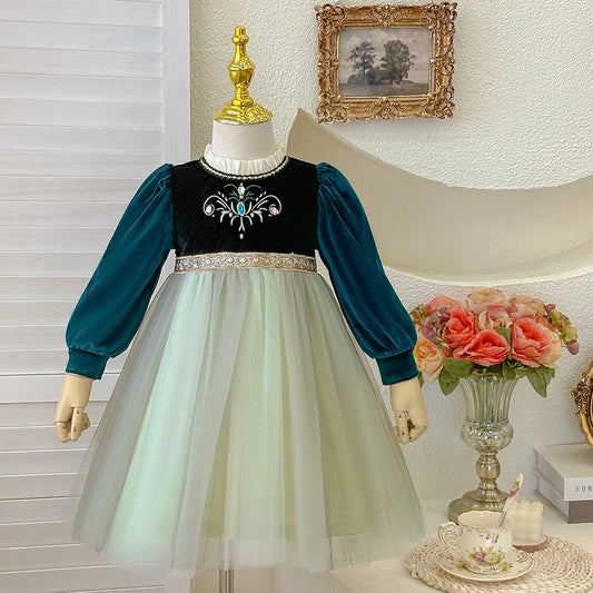 Girls' Autumn/Winter 2024 New Velvet Dress Children Halloween Cosplay Birthday Party Elegant Girl Anna Frozen Queen Green Dress