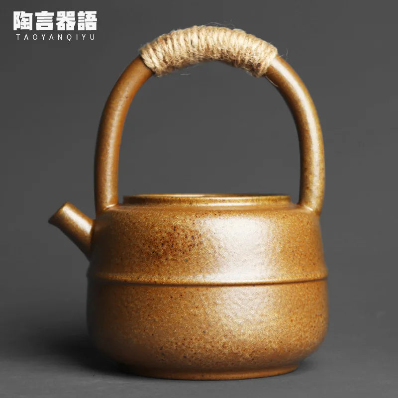 460ml Japanese-Style Kiln Changed Retro Stoneware Large-Sized Handle Teapot Handmade Pottery Kung Fu Wide-Mouth Warm Tea Kettle