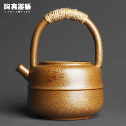 460ml Japanese-Style Kiln Changed Retro Stoneware Large-Sized Handle Teapot Handmade Pottery Kung Fu Wide-Mouth Warm Tea Kettle