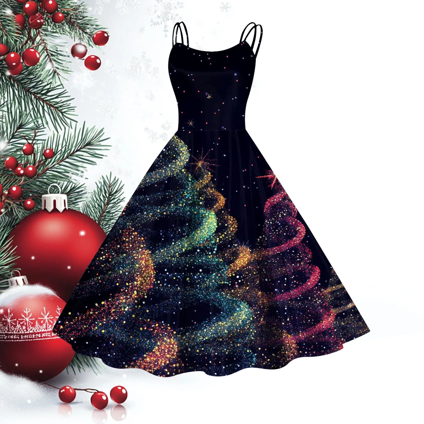 Women Christmas Print Vintage Dresses Slim Fit Sleeveless 1950s Evening Party Prom Dress Plus Size Evening Large Swing Dress