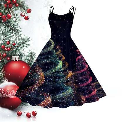 Women Christmas Print Vintage Dresses Slim Fit Sleeveless 1950s Evening Party Prom Dress Plus Size Evening Large Swing Dress