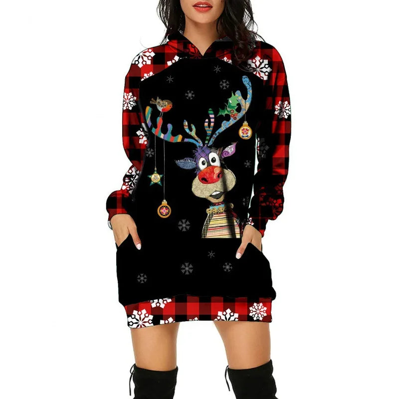Christmas Tree Print Women Party Knitted Hoodie Dress Women Evening Dress Autumn Fashion Loose Sexy Mini Festival Famale Clothes