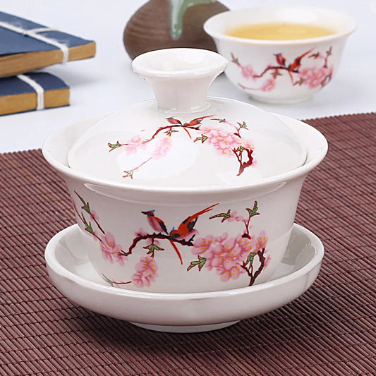Chinese Traditional Gai Wan Tea Set Bone China Tea Sets Dehua Gaiwan Tea Porcelain Pot Set for Travel Beautiful and Easy Kettle
