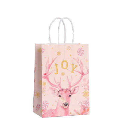 6Pcs Pink Christmas Theme Paper Gift Packing Bags Santa Claus Snowman Reindeer Candy Cookie Bag for Christmas Party Decoration