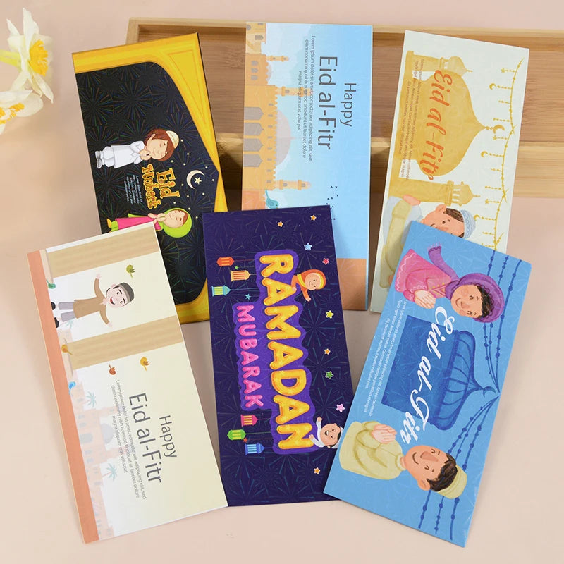 6Pcs Eid Mubarak Envelopes Eid Al-Fitr Gifts Card Cash Money Red Packet Ramadan Decoration for Home Muslim Islamic Party Decor