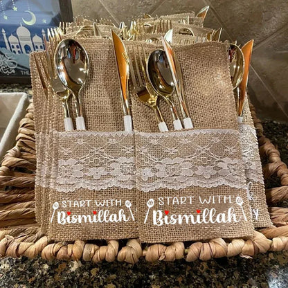 5pcs Start With Bismillah Cutlery Holder Eid Mubarak Muslim Islamic Ramadan Kareem Iftar Dinner Table Housewarming Decoration