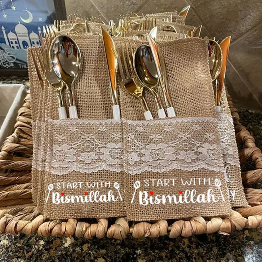5pcs Start With Bismillah Cutlery Holder Eid Mubarak Muslim Islamic Ramadan Kareem Iftar Dinner Table Housewarming Decoration