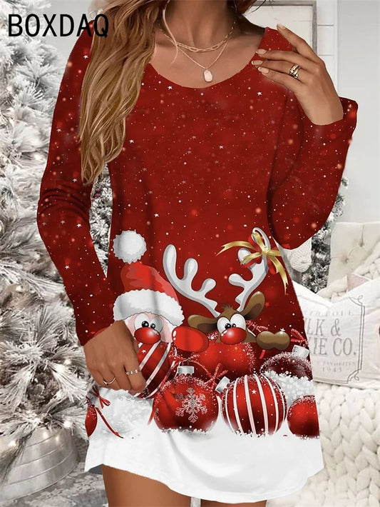Women's Red Christmas Dress Casual Christmas Snowman Snowflake Print Mini Dress Long Sleeve O-Neck Autumn Woman Dress