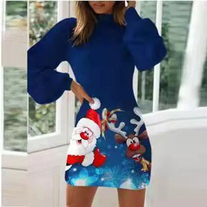 Vintage Christmas Printing Party Dress for Women Autumn Fashion Half High Collar Lantern Long Sleeve Dress Lady Bodycon Vestidos
