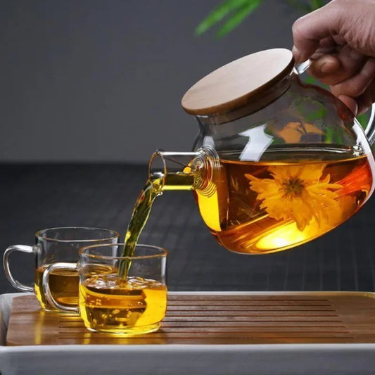 High Borosilicate Glass Tea Infuser Kettle Household Use New Chinese Teapot Bamboo Cover Set Teaware Kitchen Dining Bar Home