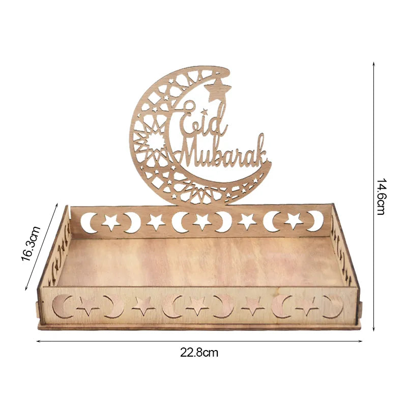 Wooden Eid Mubarak Food Tray Ramadan Decoration for Home Cake Display Islam Muslim Party Supplies 2024 Ramadan Kareem Eid Gifts