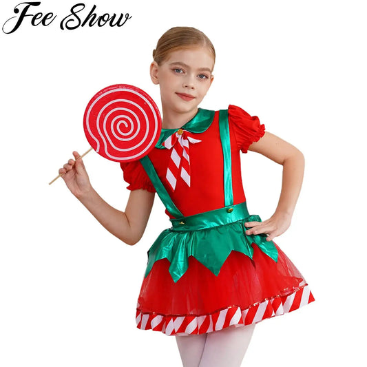 Kids Girls Christmas Elf Dance Costume Puff Sleeve Stripes Tutu Dress Ballet Skating Leotard for Xmas Festival Carnival Party