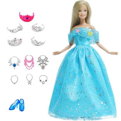14 Pcs / Lot = 1x Fairy Tale Doll Dress + 13x Random Accessories Shoes Handbag Glasses Clothes for Barbie Doll Girl Baby Toys