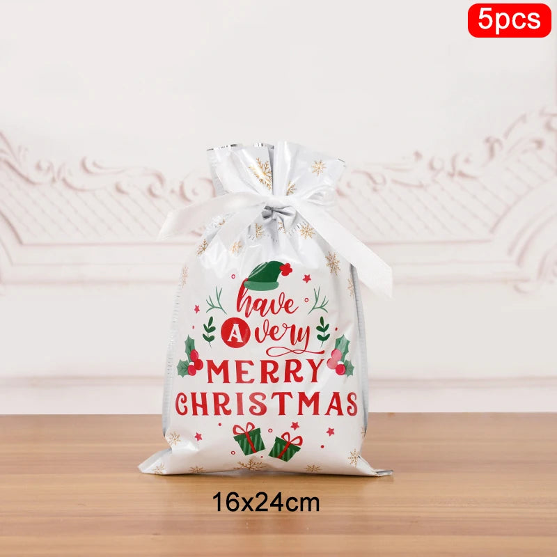 3/5Pcs Merry Christmas Drawstring Gift Bag New Year 2025 Large Candy Cookie Packaging Bag 2024 Navidad Christmas Home Decoration