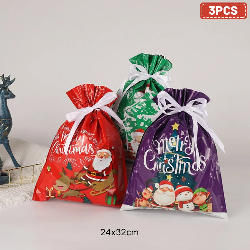3/5Pcs Merry Christmas Drawstring Gift Bag New Year 2025 Large Candy Cookie Packaging Bag 2024 Navidad Christmas Home Decoration
