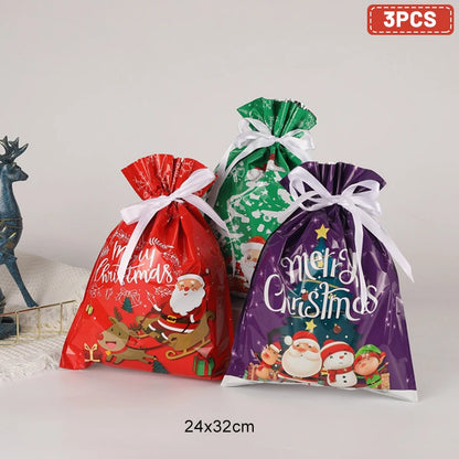 3/5Pcs Merry Christmas Drawstring Gift Bag New Year 2025 Large Candy Cookie Packaging Bag 2024 Navidad Christmas Home Decoration