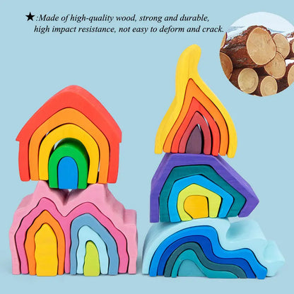 Children's Montessori Wooden Building Blocks Early Education Educational Toys Tree Flame House Stone Rainbow Blocks Wooden Toys