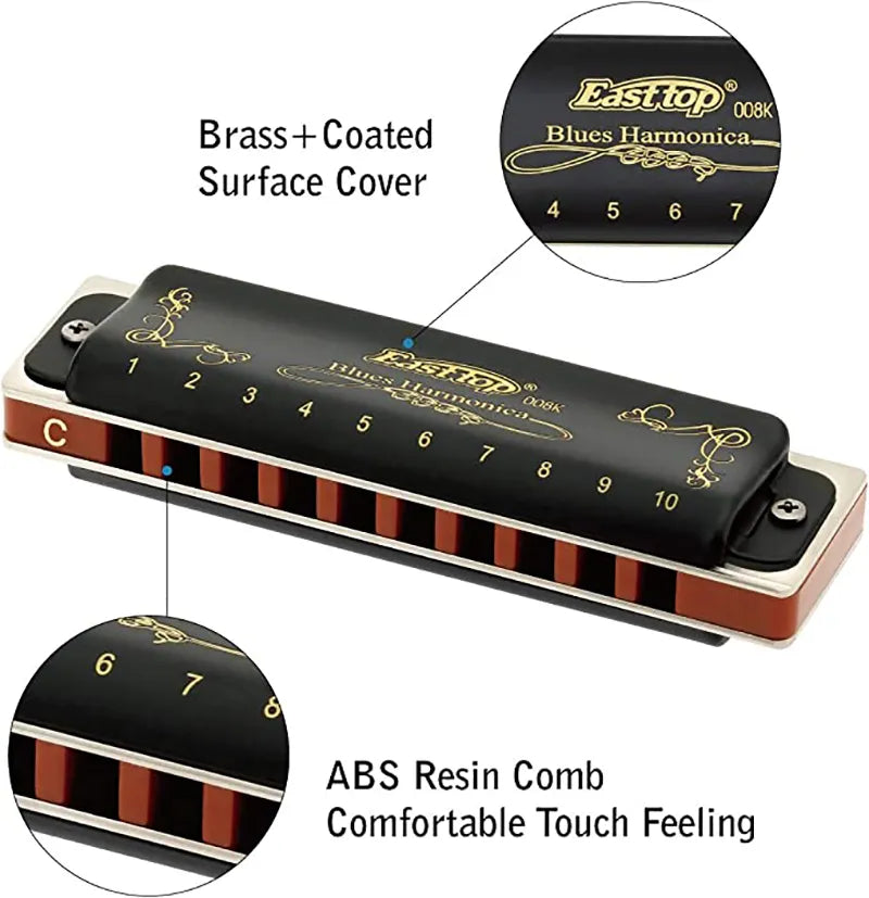 008K Diatonic Harmonica 10 Holes 20 Tones Blues Harp Mouth Organ Harmonica With Black Cover, Standard Harmonica With Canvas Bag