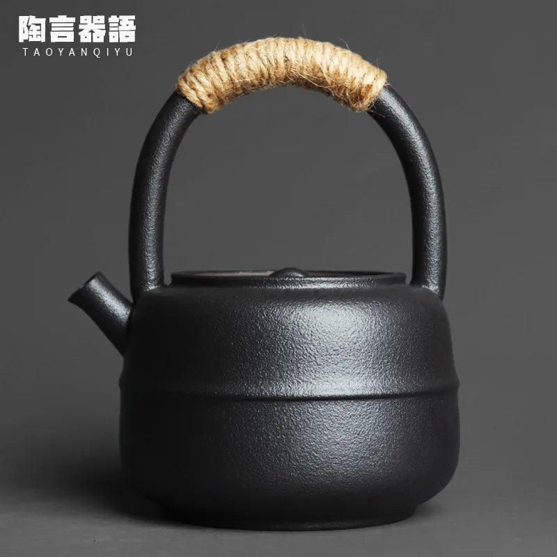 460ml Japanese-Style Kiln Changed Retro Stoneware Large-Sized Handle Teapot Handmade Pottery Kung Fu Wide-Mouth Warm Tea Kettle