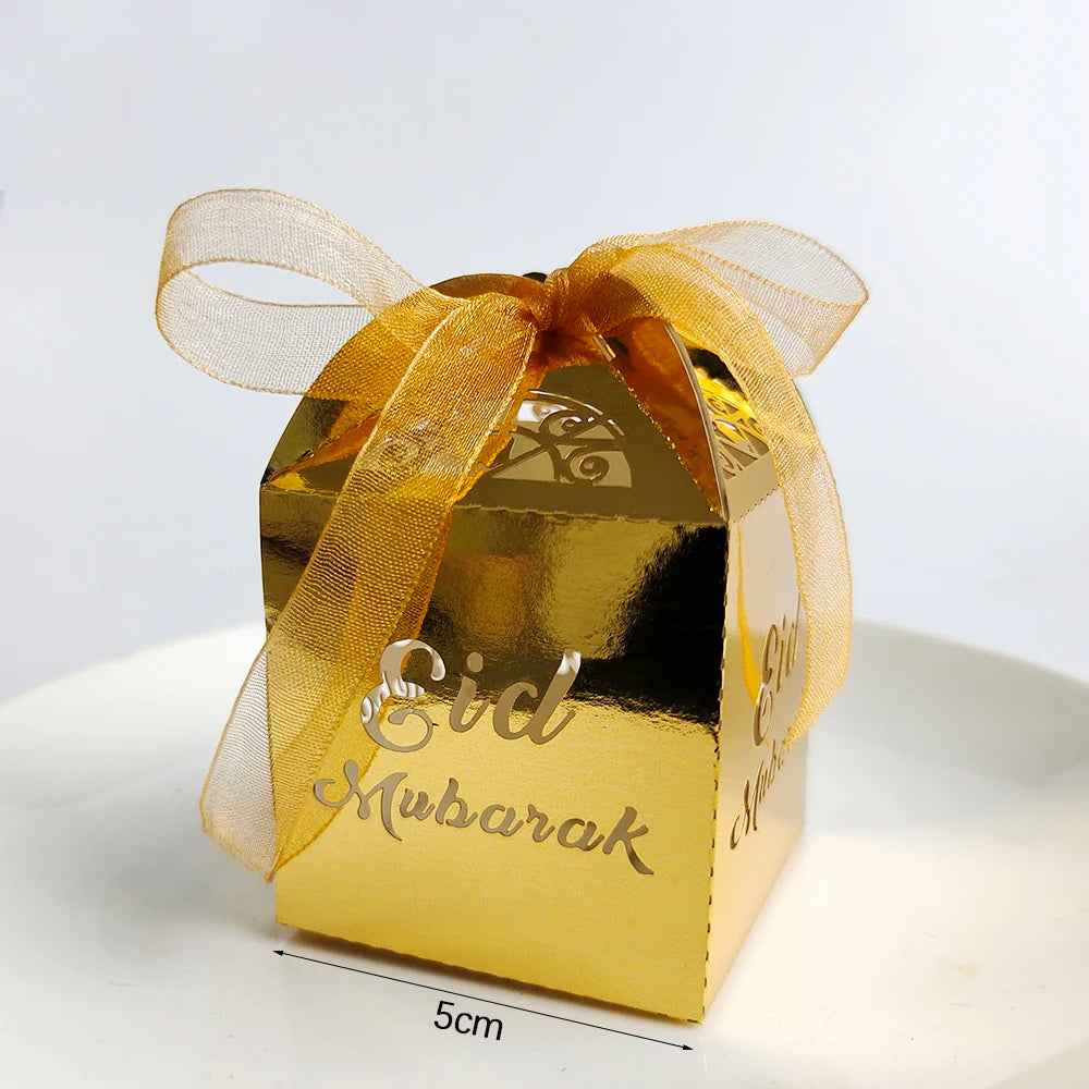10Pcs Eid Mubarak Gift Box Ramadan Gift Packages Gold Hollow Eid Mubarak Candy Cake Box Eid Mubarak Decoration 2024 Muslim Party