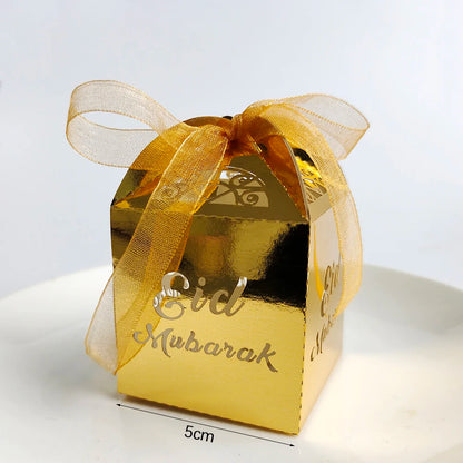 10Pcs Eid Mubarak Gift Box Ramadan Gift Packages Gold Hollow Eid Mubarak Candy Cake Box Eid Mubarak Decoration 2024 Muslim Party