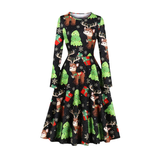 Holiday Sweet Girl Princess Dress Party Christmas Dress Fun Printed Round Neck and Leg Slimming Long Dress